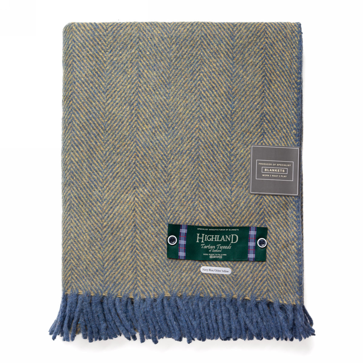 Плед Highland Wool Blend Tartan Blanket Navy Blue Ochre Yellow
